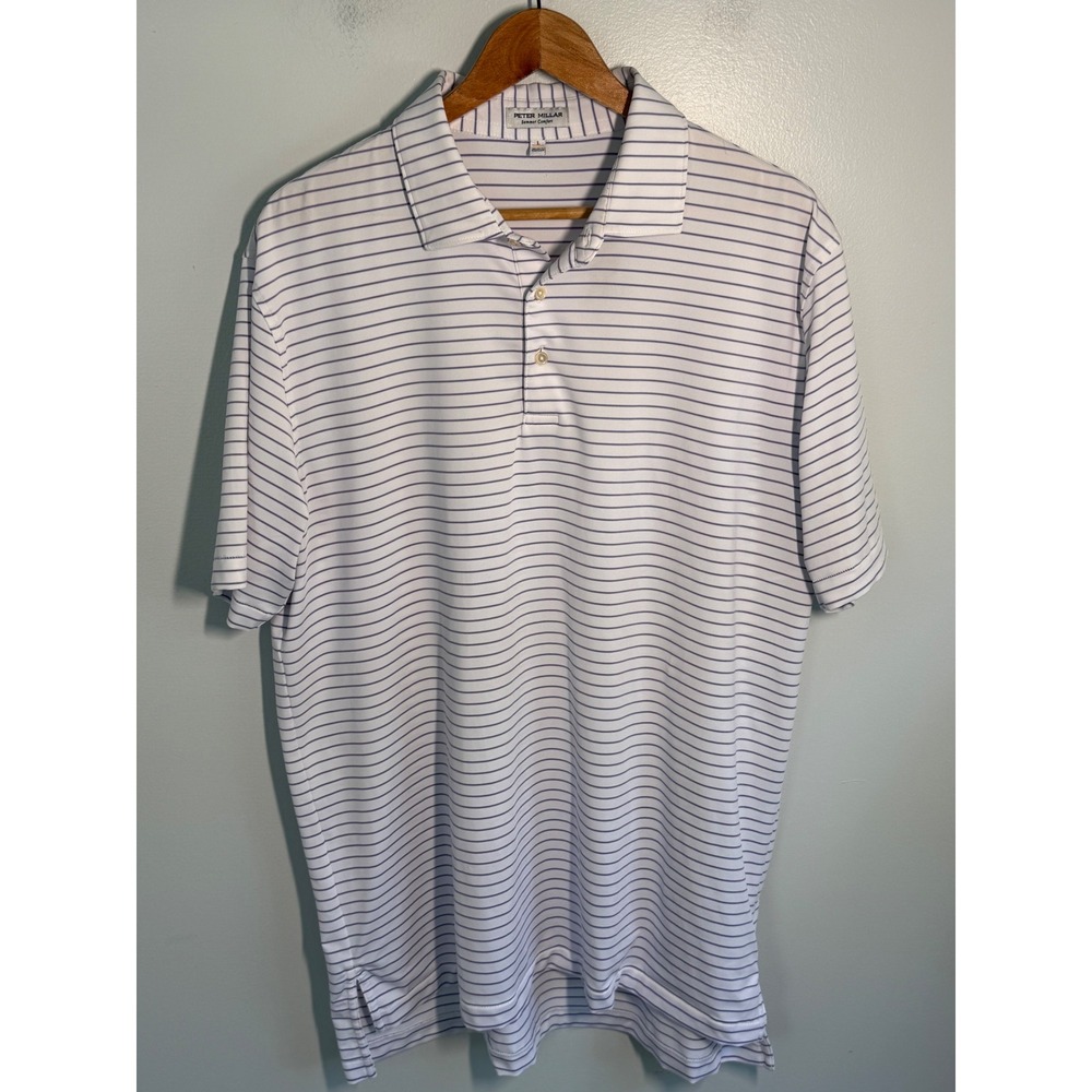 Peter Millar Summer Comfort Mens Large Polo Shirt White Purple Striped Golf Top